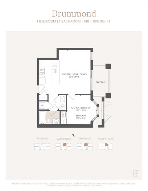 Floor plan for 1 bed, 1 bath, 635 sqft